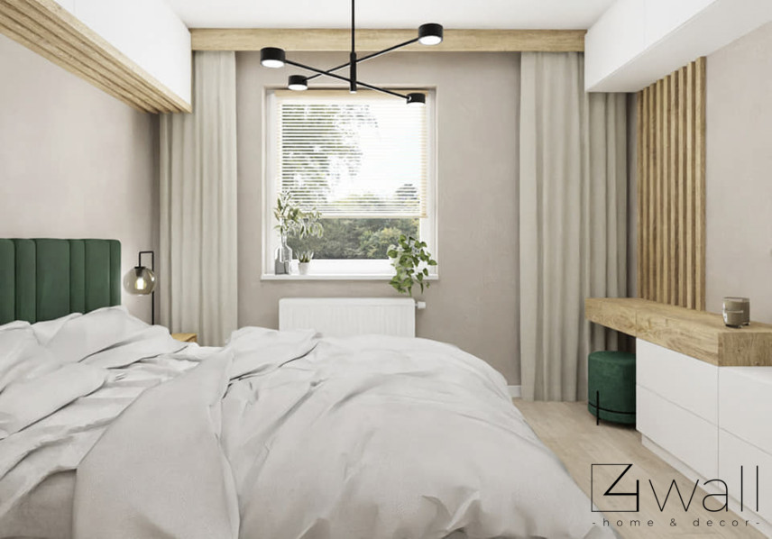 Nowoczesna sypialnia z zielonym, tapicerowanym łóżkiem kontynentalnym oraz z białą komoda i lamelem na ścianie