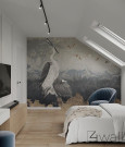 Sypialnia na poddaszu z oryginalną tapetą z żurawiem na jednej ze ścian