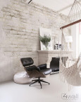 Salon w stylu rustykalnym z białą cegłą na ścianie oraz z huśtawką montowaną do sufitu
