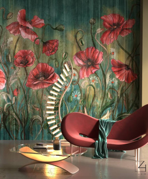 Tapeta Rosella w piękne maki w salonie z designerską sofą