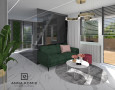 Projekt salonu z zieloną sofą oraz białymi płytkami gresowymi na podłodze