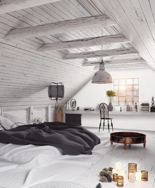 Sypialnia na niskim poddaszu z drewnem z drewnem w roli głównej