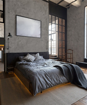 Sypialnia w stylu Loft z betonem ozdobnym na ścianie