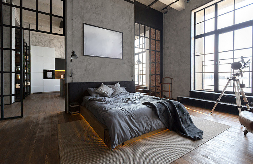 Sypialnia w stylu Loft z betonem ozdobnym na ścianie