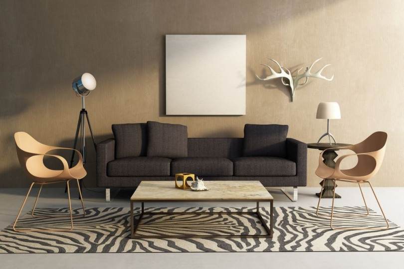 Salon z dywanem z motywem zebry oraz z sofą