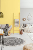 Żółty kolor na ścianie w salonie z drewnianymi meblami