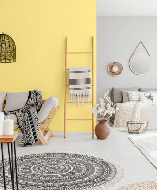 Żółty kolor na ścianie w salonie z drewnianymi meblami