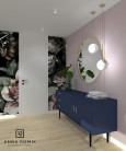 Projekt korytarza z różowym kolorem ścian oraz granatową komodą