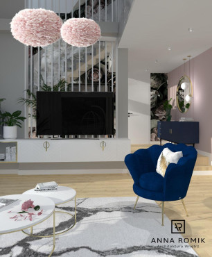 Salon w domu z otwartą przestrzenią w stylu glamour