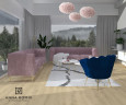 Nowoczesny salon z różowymi sofami oraz dużymi oknami z szarymi zasłonami