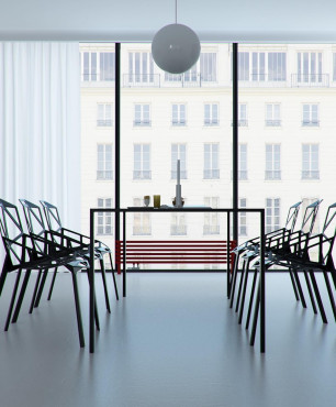 Klasyczna jadalnia z poliuretanową podłogą oraz designerskimi krzesłami
