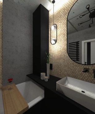Łazienka w stylu industrialnym z wanną w zabudowie oraz z prostokątną umywalką na czarnym blacie