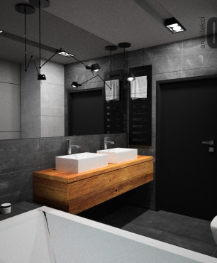 Łazienka w stylu industrialnym z drewnianą szafką wiszącą oraz dwoma umywalkami nablatowymi