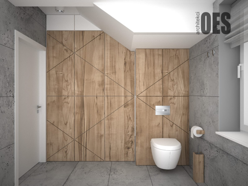 Nowoczesna łazienka z imitacją drewnianych płytek na ścianie w kompozycji z betonowymi