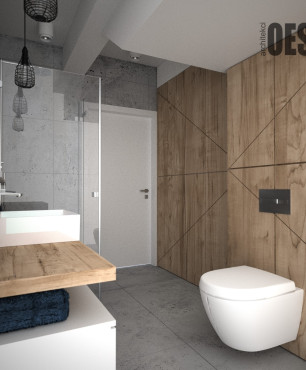 Duża łazienka z prysznicem oraz białą, akrylową szafką wiszącą i drewnianym blatem