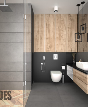 Łazienka z prysznicem oraz imitacją drewnianych płytek na ścianie przeplatanych z betonowymi