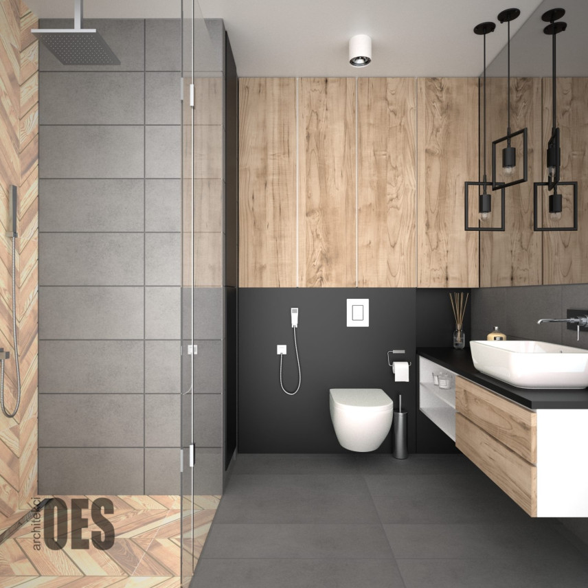 Łazienka z prysznicem oraz imitacją drewnianych płytek na ścianie przeplatanych z betonowymi