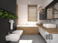 Przestrzenna łazienka z wanną w zabudowie z imitacją drewnianych płytek