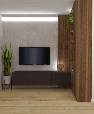 Salon z imitacją betonu na ścianie oraz szafką RTV