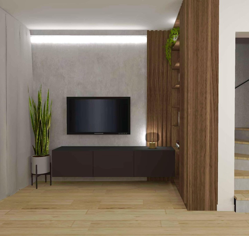 Salon z imitacją betonu na ścianie oraz szafką RTV