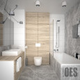 Projekt łazienki z szarym i drewnianym akcentem