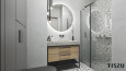 Łazienka z prysznicem oraz motywem lastryko na ścianie i podłodze