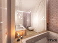 Aranżacja eleganckiej łazienki z płytkami z imitacją cegły na ścianie w fioletowym odcieniu