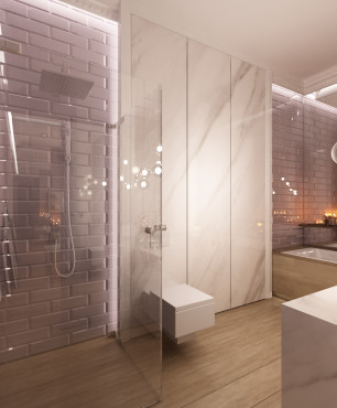 Elegancka łazienka z prysznicem wanną i designerską muszlą klozetową
