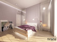 Sypialnia z panelami w odcieniu orzechowym oraz lawendowym kolorem ścian z pięknym zasłonami