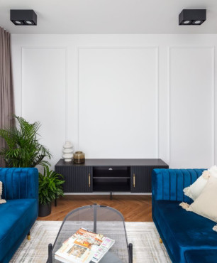 Salon w kolorze białym ze sztukaterią na ścianie, z kanapami w kolorze niebieskim oraz z drewnianym parkietem