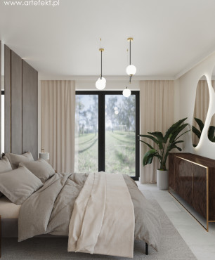 Sypialnia w stylu nowoczesnym z szarą, tapicerowaną ścianą, łóżkiem kontynentalnym oraz komodą w głębokim połysku