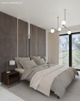 Nowoczesna sypialnia z tapicerowaną ścianą w kolorze brązowym