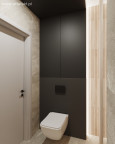 Mała toaleta z czarną ścianą oraz systemem spłukiwania zamontowanym w ścianie