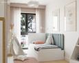 Pokój dziewczynki z białym, pojedynczym łóżkiem oraz plakatami na ścianie w wielkim formacie