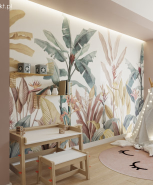 Pokój dziecięcy o dużej powierzchni z tapetą na ścianie, biurkiem, okrągłym dywanem w kolorze różowym oraz namiotem tipi