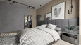 Sypialnia o dużej powierzchni z betonem oraz drewnem na ścianie