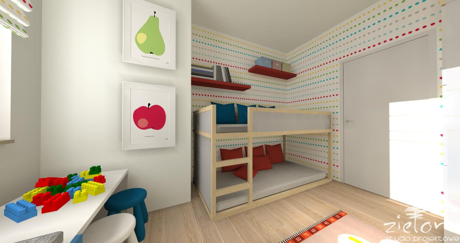 Projekt pokoju rodzeństwa z łóżkiem piętrowym oraz z tapetą w kropki na ścianie