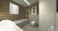 Projekt dużej łazienki z imitacją drewnianych drewnianych płytek ułożonych  poziomo oraz z wanną w zabudowie