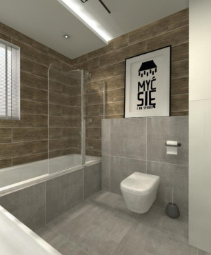 Projekt dużej łazienki z imitacją drewnianych drewnianych płytek ułożonych  poziomo oraz z wanną w zabudowie