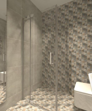 Projekt łazienki z szarymi płytkami oraz z prysznicem z odpływem liniowym i przesuwnymi drzwiami