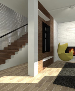 Drewniane schody ze szklaną balustradą w domu jednorodzinnym w stylu nowoczesnym