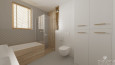 Duża łazienka z oknem z drewnianymi żaluzjami oraz z wanną prostokątną w zabudowie