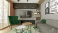 Projekt salonu z szarą sofą oraz zielonym krzesłem bujanym