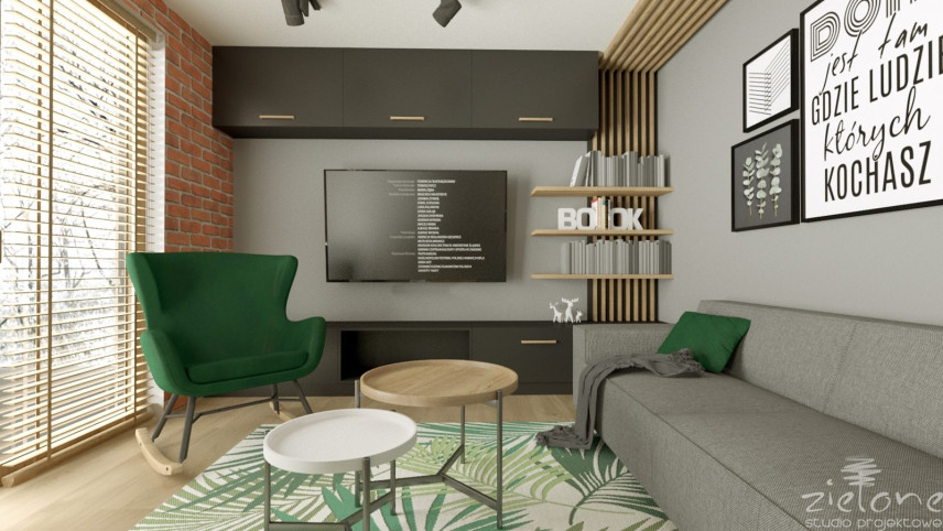 Projekt salonu z szarą sofą oraz zielonym krzesłem bujanym