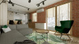 Projekt salonu w stylu loft z cegłą na ścianie oraz z zielonym fotelem bujanym