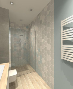 Projekt łazienki z płytkami ułożonymi ze wzorem heksagon