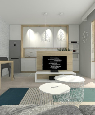 Projekt małego mieszkania w stylu nowoczesnym z białą cegłą na ścianie