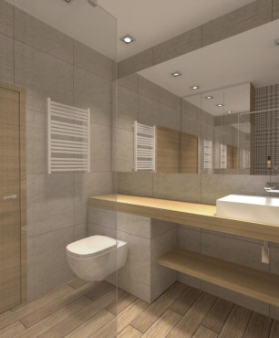 Projekt klasycznej łazienki z białą muszlą wisząca oraz drewnianym blatem