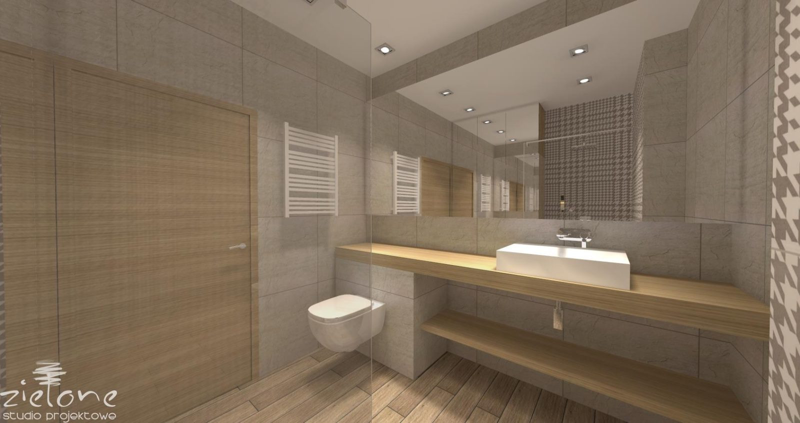 Projekt klasycznej łazienki z białą muszlą wisząca oraz drewnianym blatem