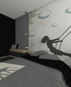 Sypialnia z tapetą oraz z szarą cegłą na ścianie